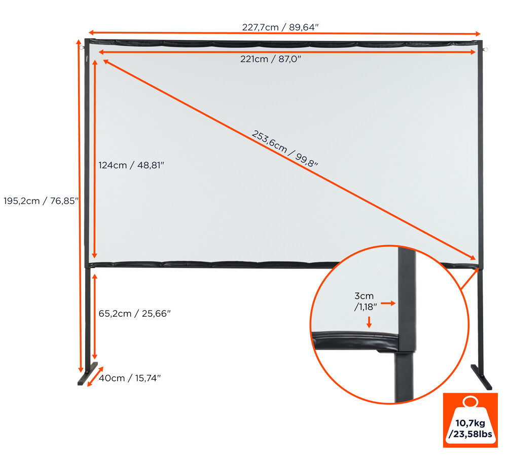 celexon basic line Faltrahmenleinwand 16:9. 100" - Rahmen-Leinwand. Heimkino- und Outdoor-Leinwand. Full-HD mit 3cm Maskierung - 221x124cm. Gain 0.9